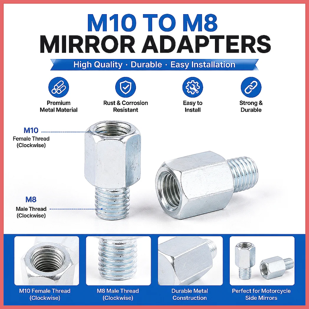 M10 M8 8mm Anti-Clockwise Right Left Hand Thread Scooter Motorcycle Rear Mirror Adapter Coupling Nut 2PCS Pair Screw Converte