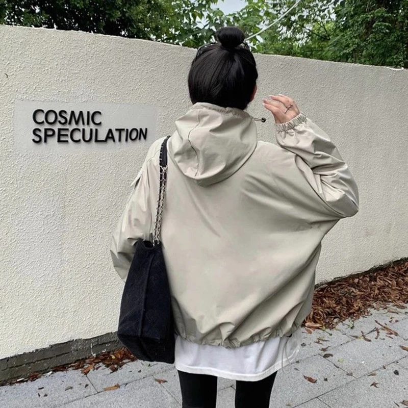 Hooded Oversize Jackets Women 2024 Autumn BF Style Outerwear Chic Harajuku Solid Korean Zipper Casual Windbreaker Jacket Coats