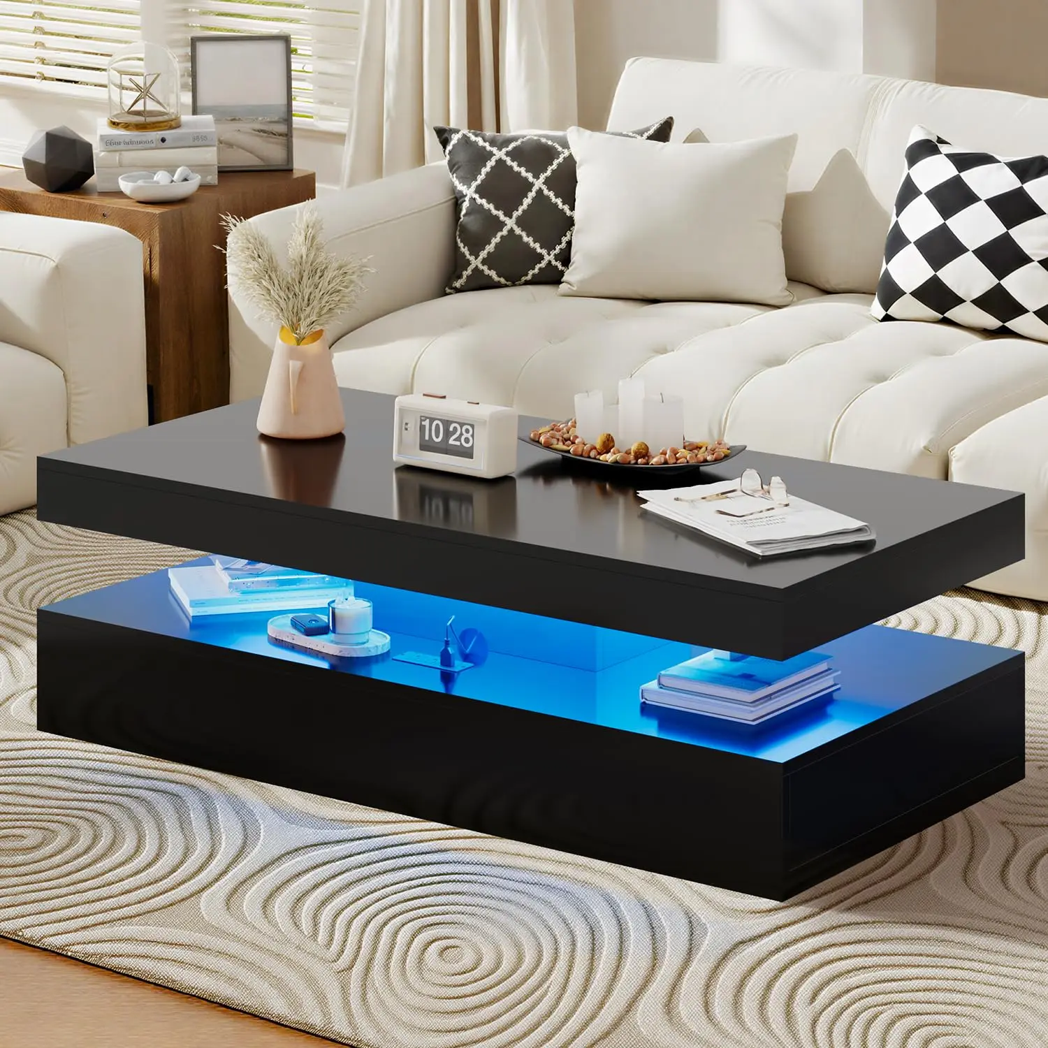 

47" High-Gloss LED Coffee Table with 2 Sliding Drawers, Black Modern Center Table with Double-Layer Storage, Customized