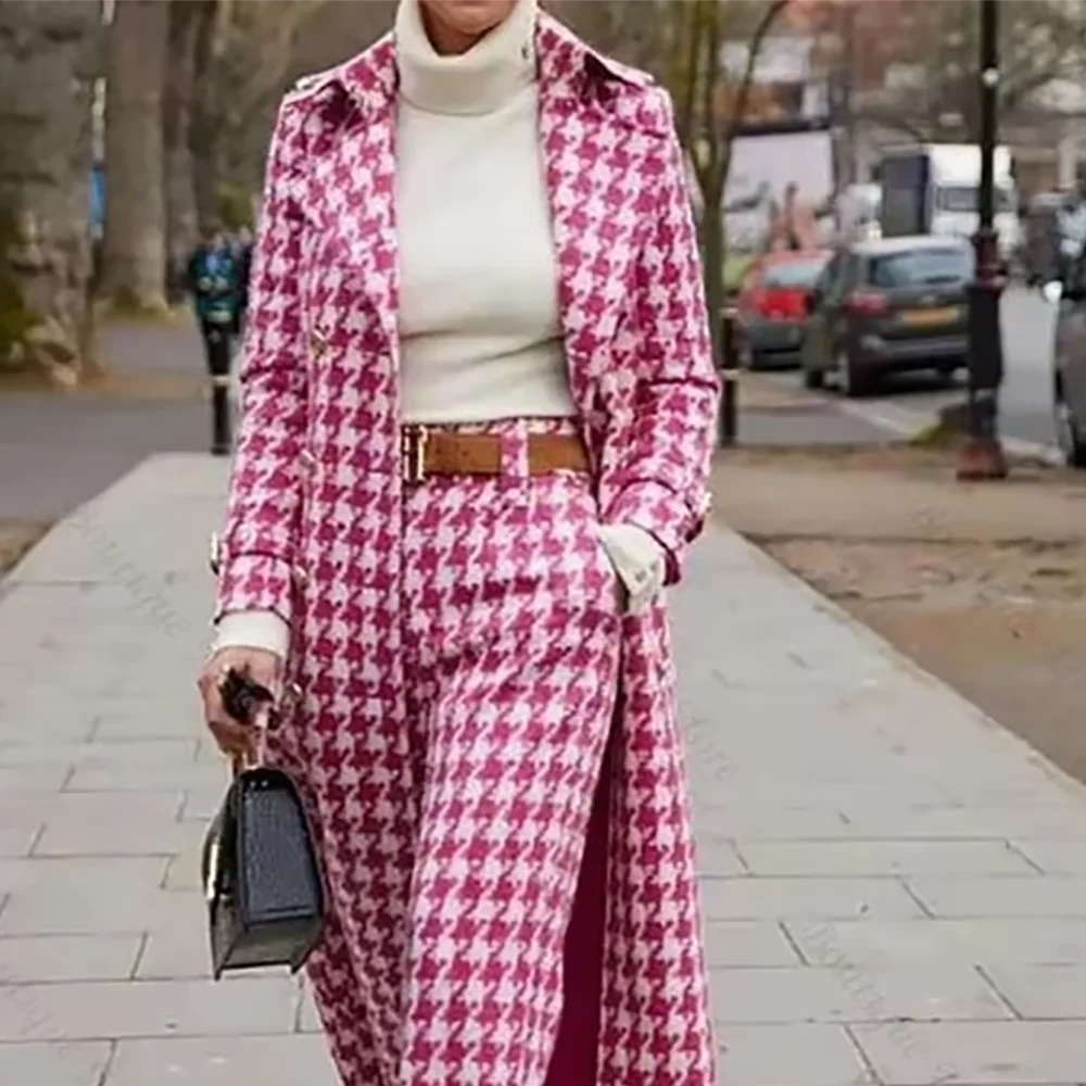 

Pink Houndstooth Women Suit Straight Peaked Lapel Two Pieces Lone Jacket with Pants Tailored Luxury Lady Sets Fall Outfits