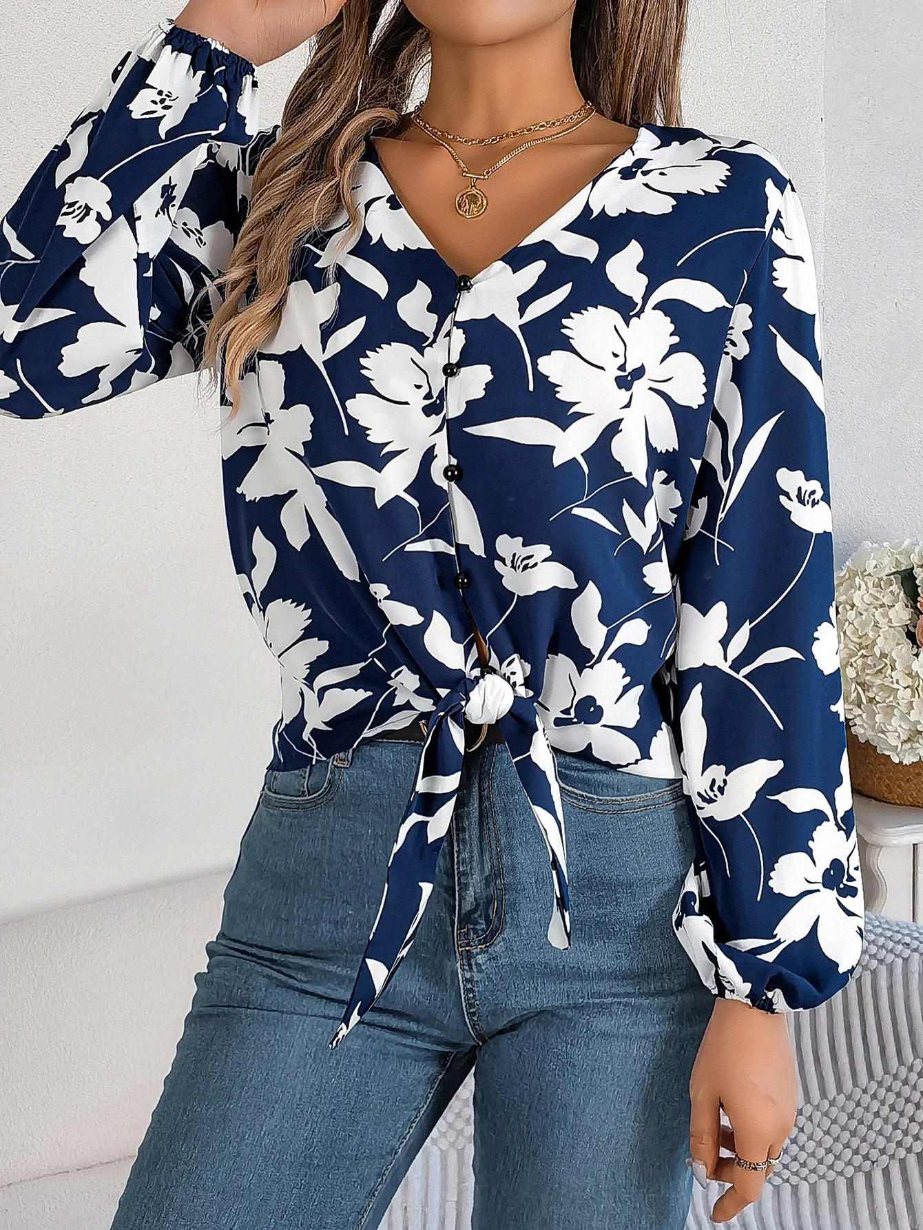 Spring Summer Elegant Chiffon Tops Flower Print Long Sleeve Lace Up Bow Shirt