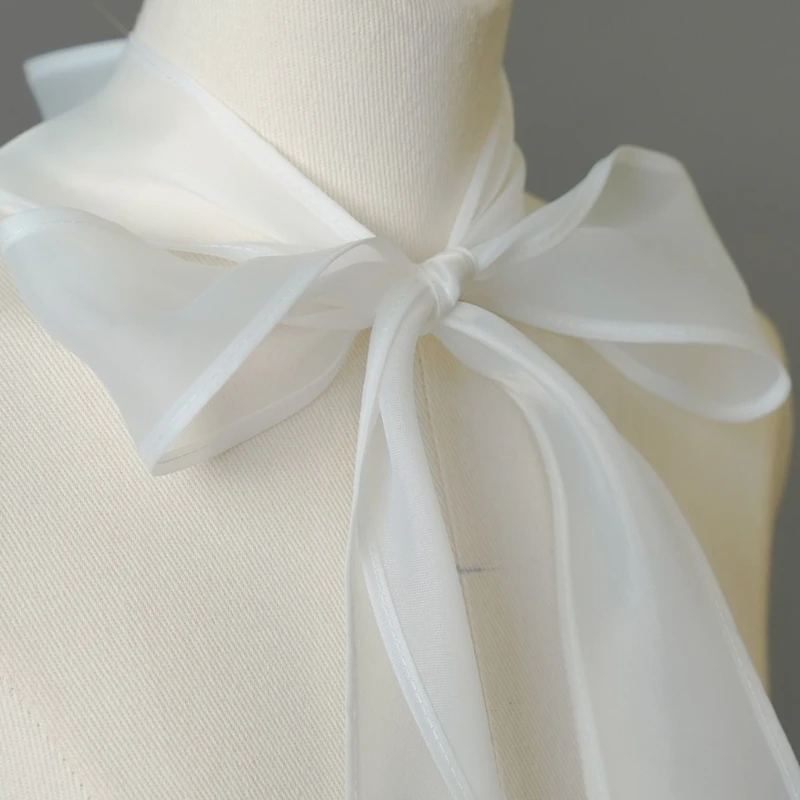  Ribbon Scarf Neckwear for Women White Sheer Neck Accent, Elegant Organza Look Long Scarf for Daily Outfit Styling
