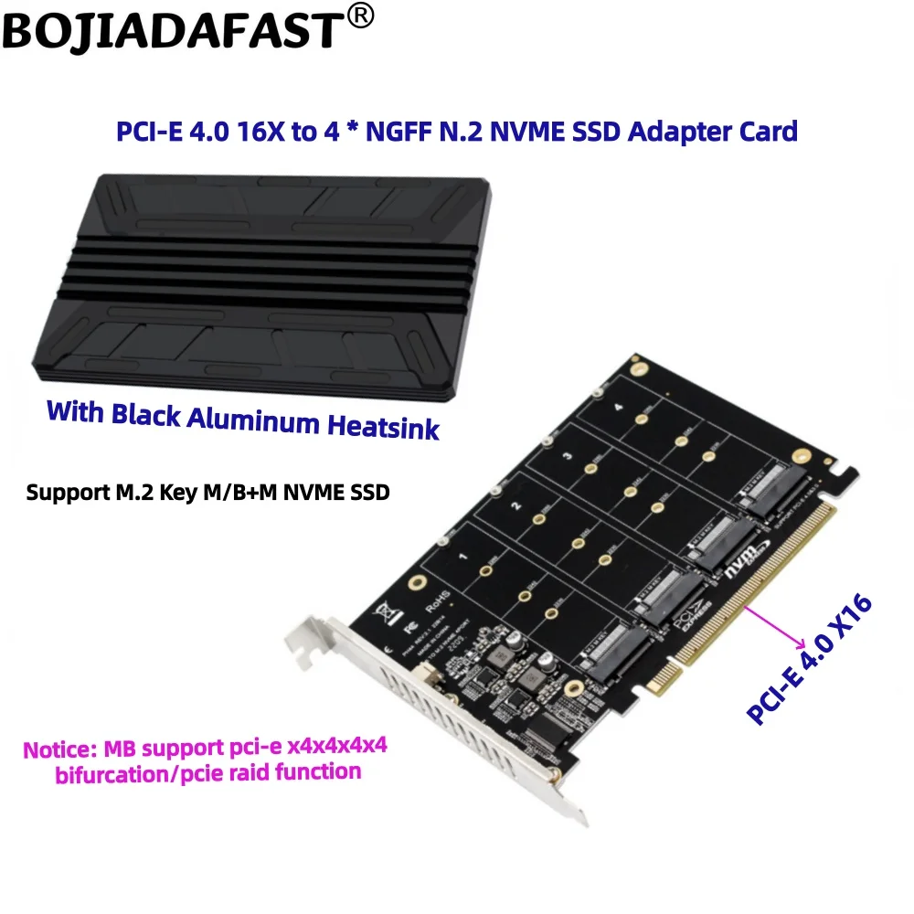 

PCI-E 4.0 16X PCIe 3.0 X16 To 4 * NGFF M.2 2280 M2 NVME SSD Adapter Card With Aluminium Heatsink