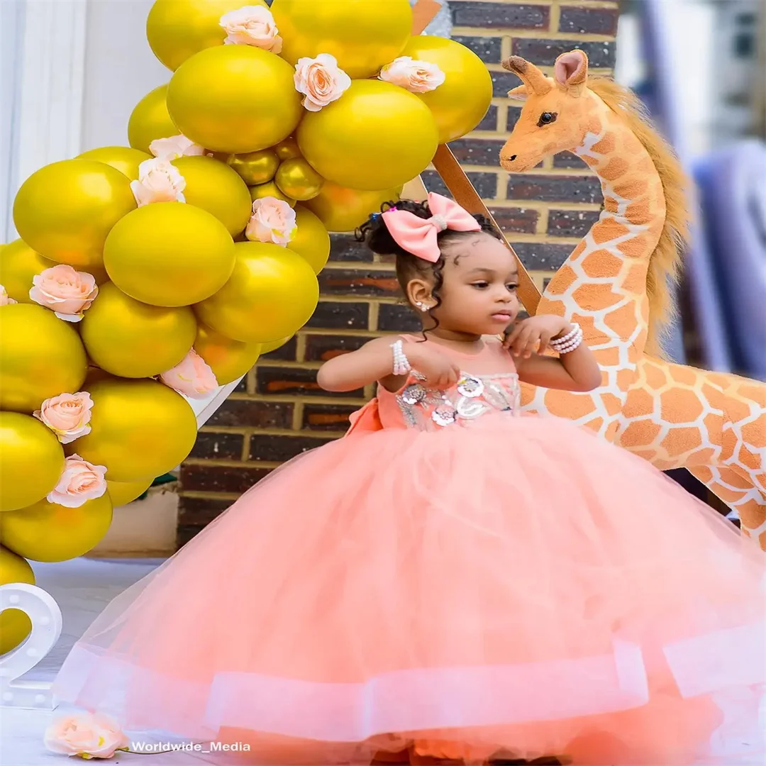 Vestidos personalizados para meninas, pêssego, rosa, flor, para casamento, crianças, festa de aniversário, frisado, gola joia, tule, vestidos de baile para crianças