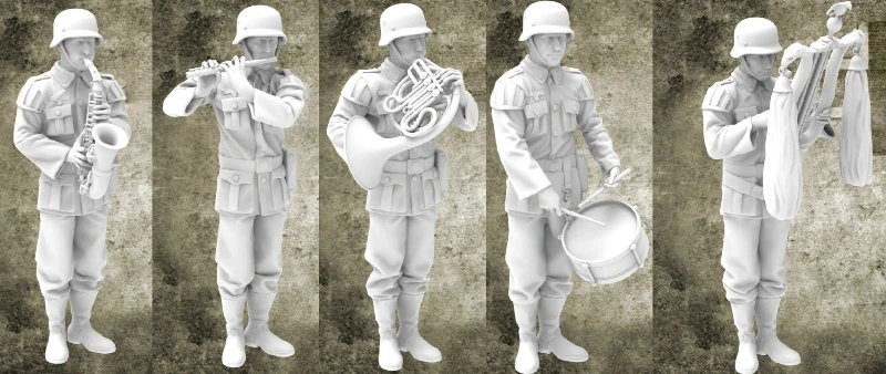 

Набор моделей из литой смолы в масштабе 1/35: Музыканты немецкой военной оркестровки времен Второй мировой войны, в разобранном и неокрашенном виде.
