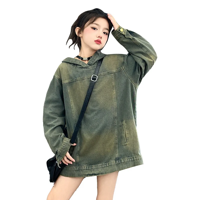 

Elegant Girl Vintage Denim Hoodie Sweatshirt Kids Fashion y2k High Street Outfit Spring Clothes Child Retro Hood Coat Outerwear