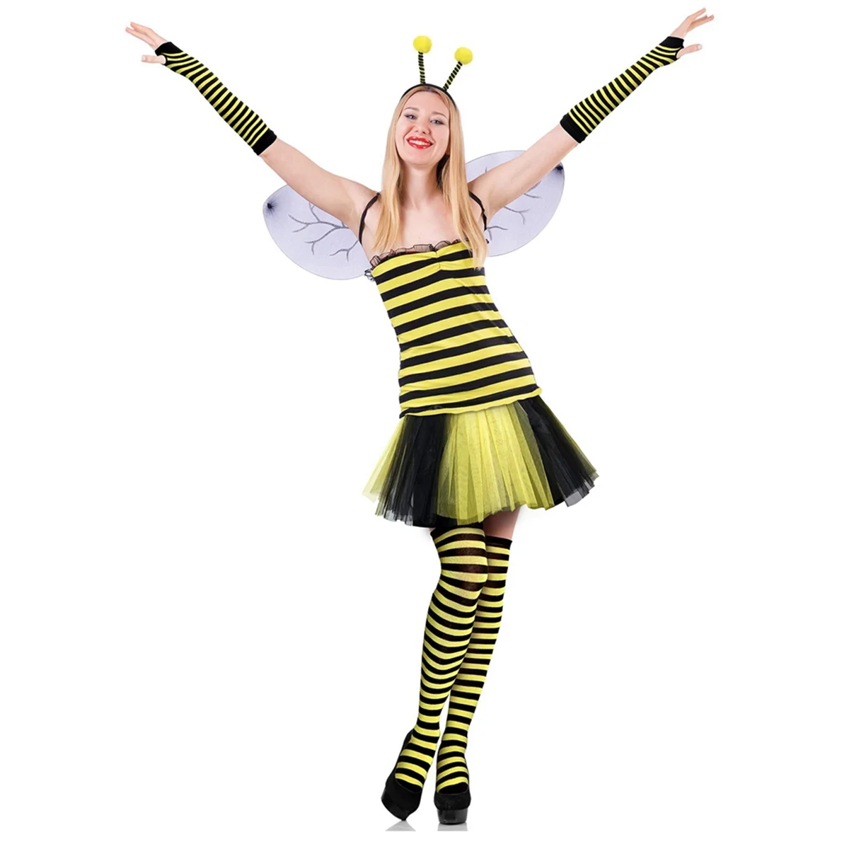 ABLQ Bee Costume Kit for Adult Halloween Bee Costume Tutu Skirt Bee Striped Knee Thigh High Stocking Long Gloves