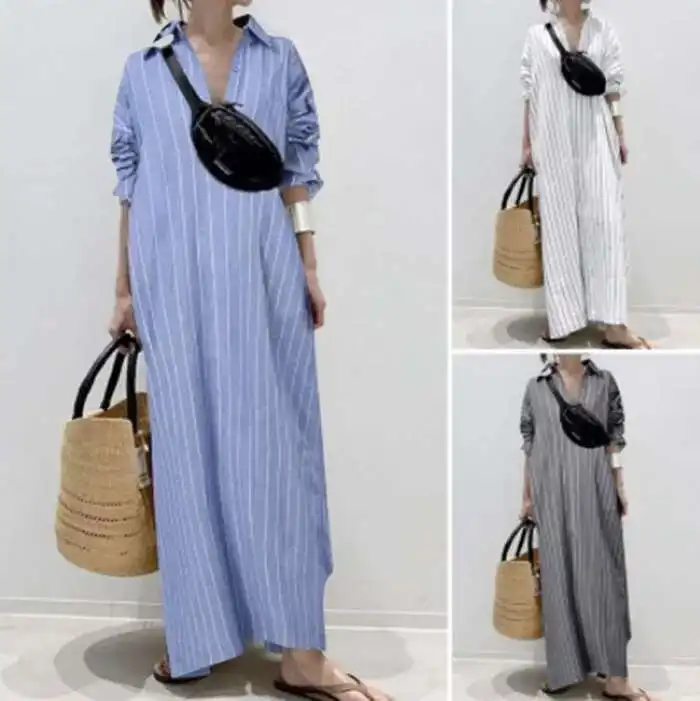 

2025 New Lapel Polo Collar Temperament Commuting Striped Loose Waist Long Skirt Cardigan Dress Summer Dress Robe Vestido Women