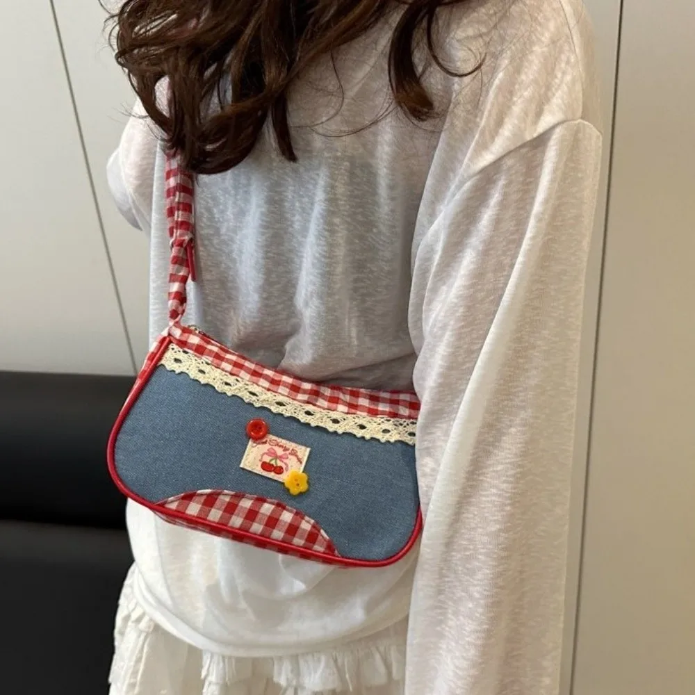 

Sweet Rural Style Lattice Shoulder Bag Plaid Bow Denim Underarm Bag Commuting Drawstring Crossbody Bag Outdoor