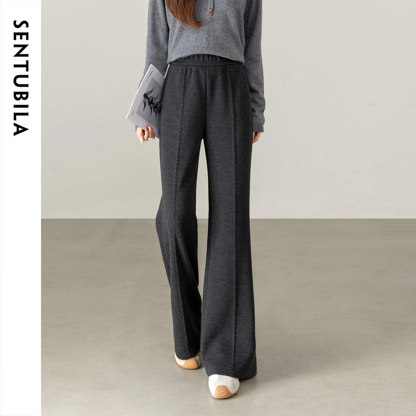 SENTUBILA Women's Flared Pants Winter Thick Wool 2026 Knitted Long Trousers Commute Elastic High Waist Slim Fit Pants 164KE8936
