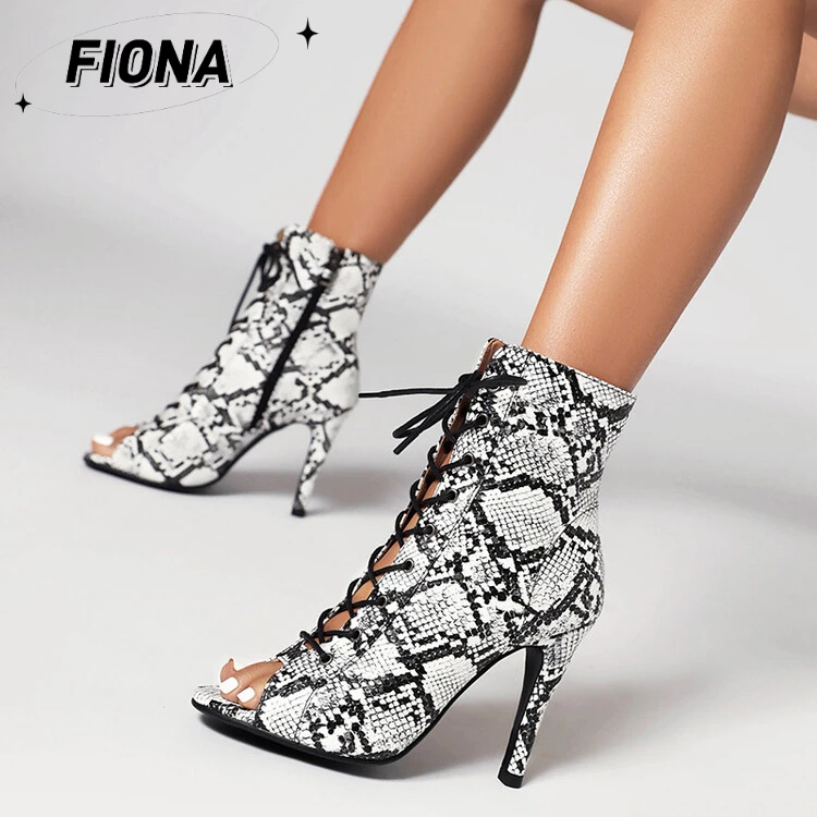 

FIONA New Fish Mouth Cool Boots Women's Thin Heel Hollow Lace up Short Boots Jazz Dance High Heels Dance Shoes Large