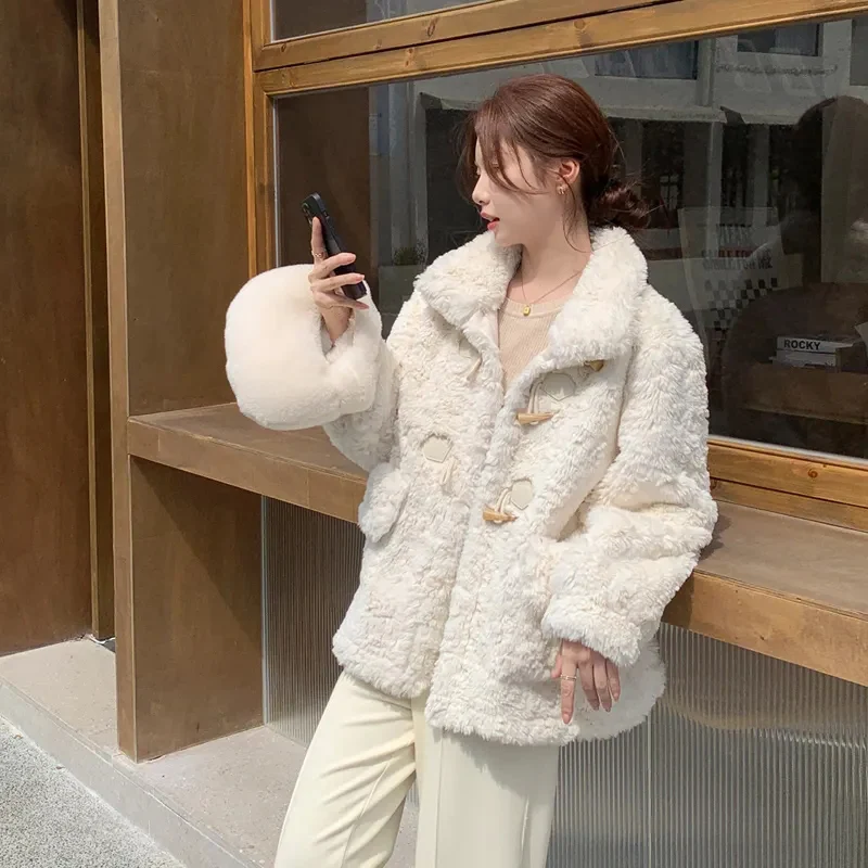 Hdspq White Lamb Wool Coats Women 2023 Autumn Winter Korean Style Faux Fur Jackets Woman Long Sleeve Thick Warm Plush Coat