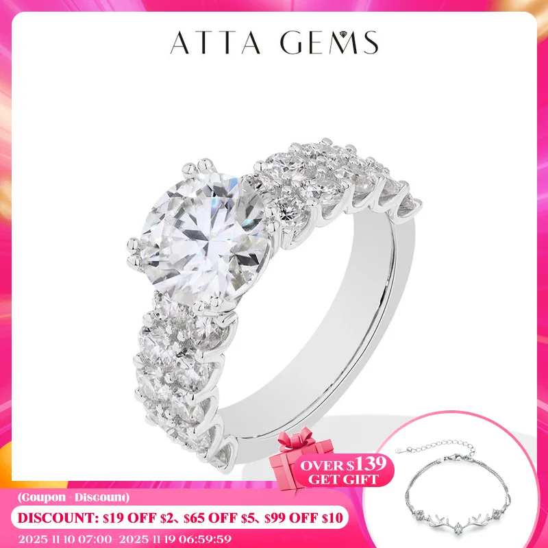 

ATTAGEMS Полностью сверкающие кольца с муассанитом D VVS1 для женщин, круглая огранка, 3,0 карата, бриллиант S925, серебро, белое золото 18 карат, ювелирные изделия с покрытием