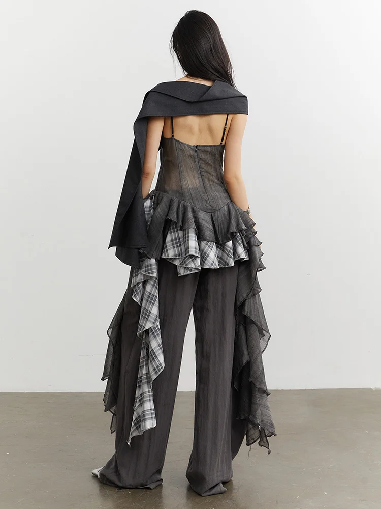 dress long eam [EAM] Women Gray Plaid Ruffles Irregular Spaghetti Strap Dress New V-Neck  Sleeveless Fashion Tide Spring Autumn 2026 1DJ3758