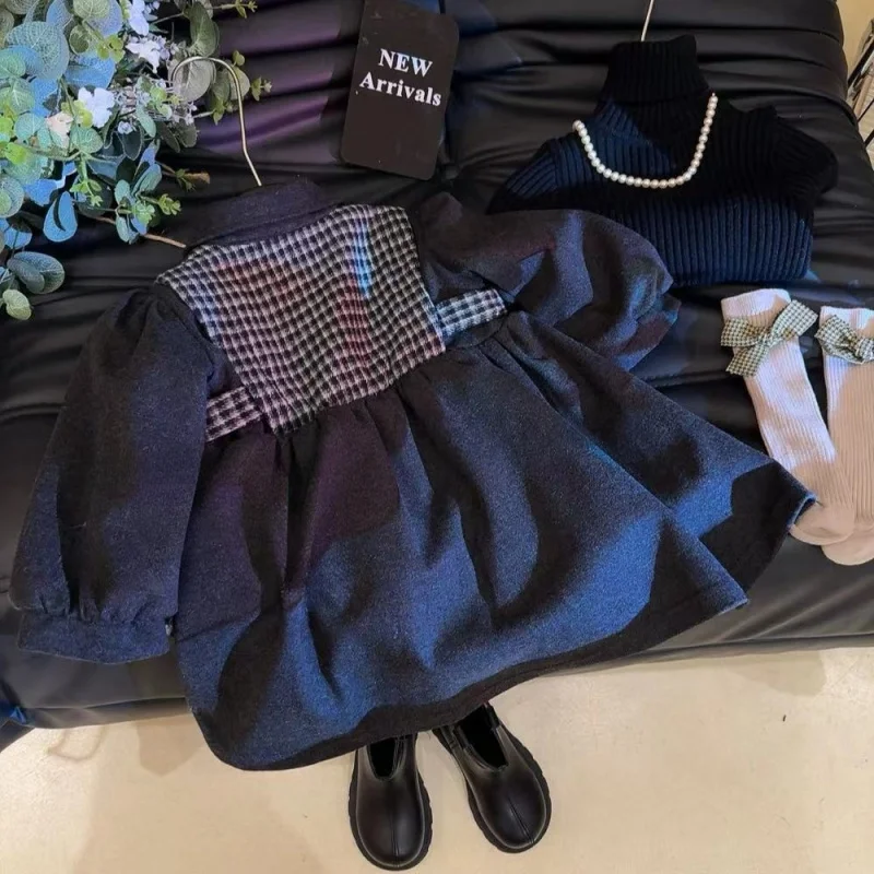 

New Girls' Autumn Winter Dress Children's Stylish Patchwork Fleece Lined Warm Versatile Casual Princess Dress