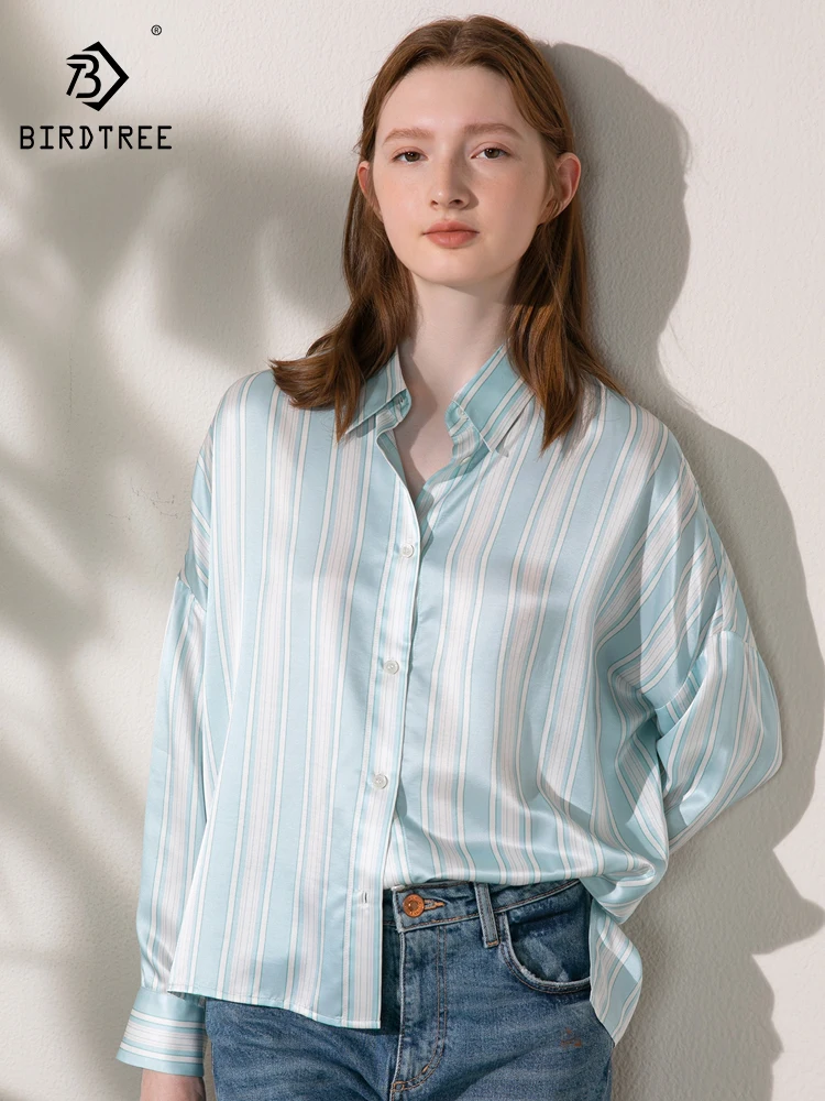 

BirdTree, 19MM 30%Natural Silk Elegant Shirt, Women Long Sleeve Striped, French Casual Soft Blouse, 2024 Summer Autumn T49580CC