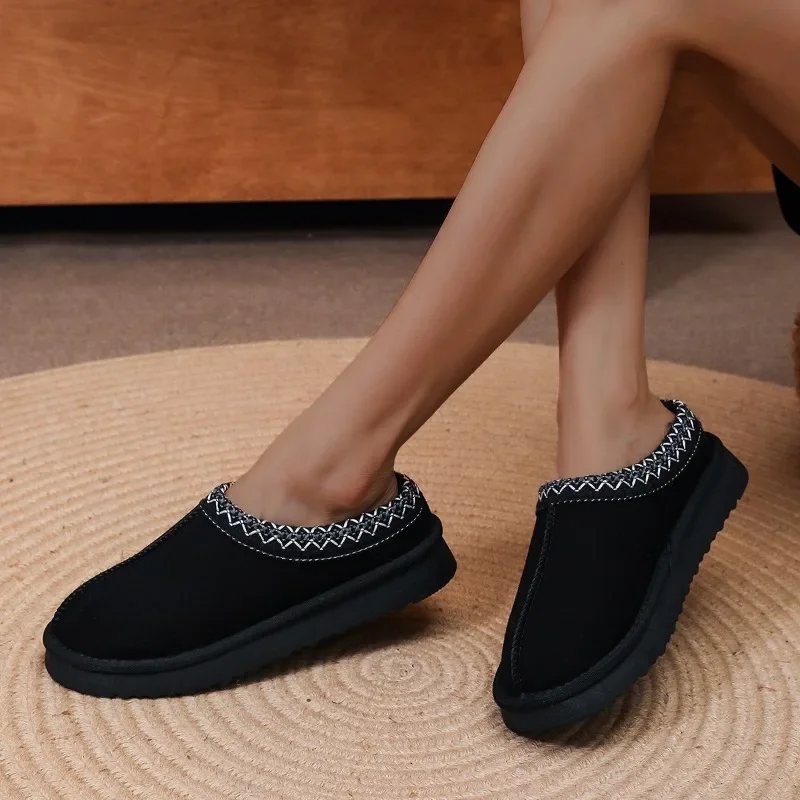 Women\'s Fashion Baotou Slippers Winter New Round Head Suede Deep Mouth Thick Sole Anti-slip Wear-resistant Flat Shoes