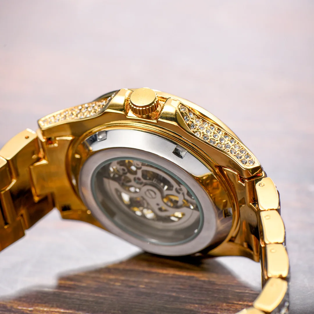 Orologio meccanico automatico Scheletro Hip Hop Business Orologio da polso in oro pregiato Orologi di lusso in oro rosa