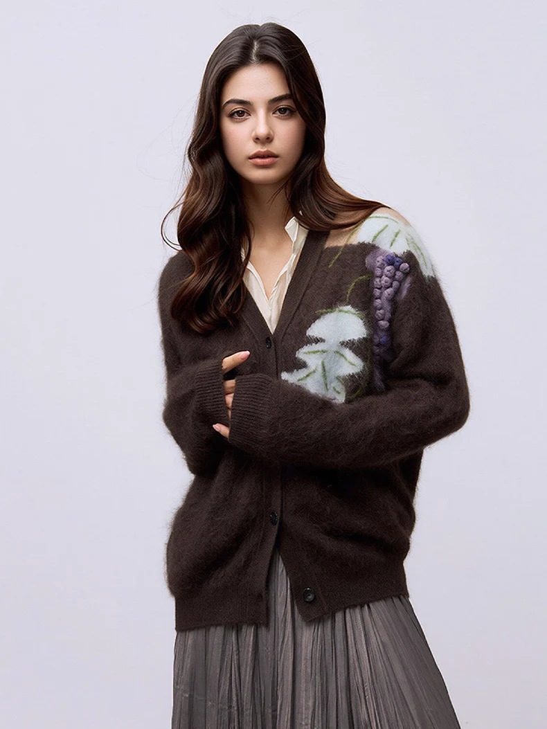 SuyaDream, Women Brushed Wool Cardigan, 3D Grape Pom Pom Embroidery V-Neck Loose Knit Sweater, Autumn Winter New Outerwear