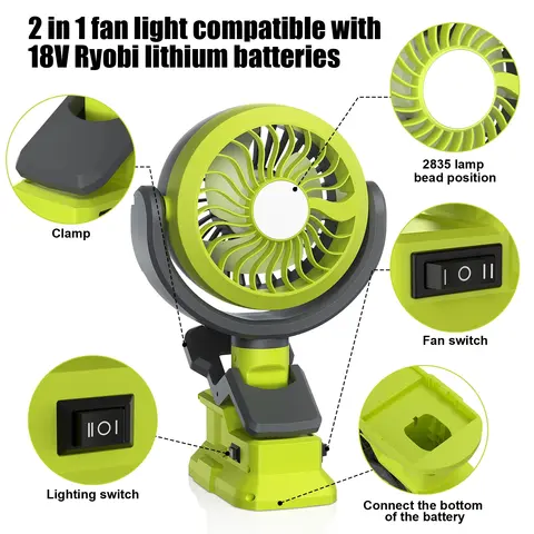 Cordless Fan For Ryobi P107 P108 18V Battery Fan Ligh 2 in 1 Compatible Camping Workshop Strong Wind Suitable Wireless Fan