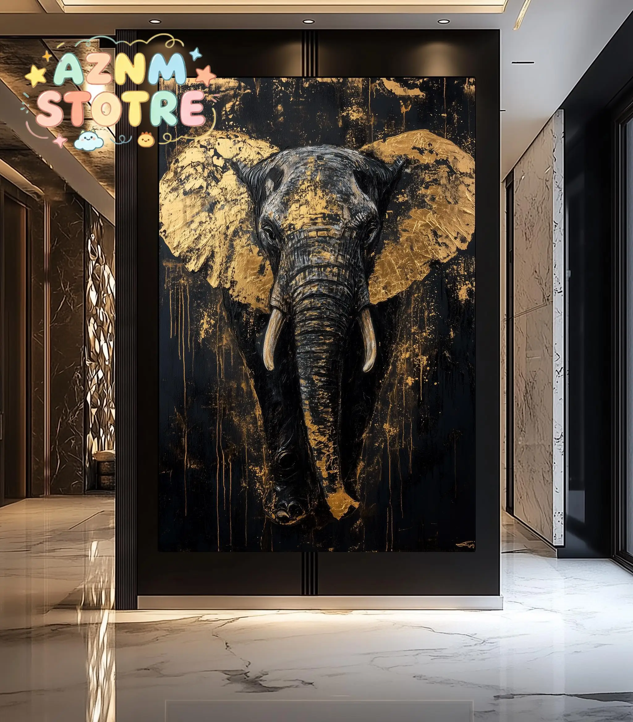 Fox Elephant Eagle Canvas Painting Black Gold Animal Print Poster Luxury Wild Animal Decoration Abstract Modern Gold Home Dec