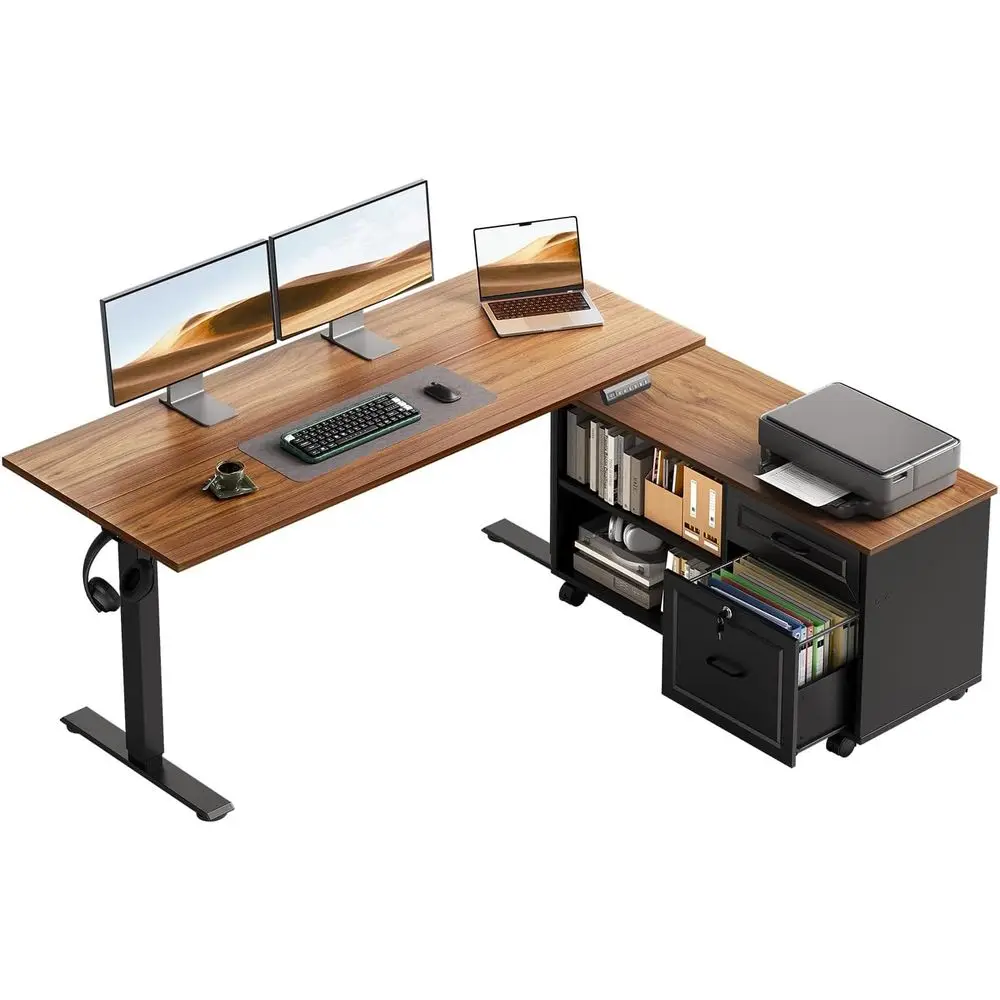 

Электрический L-образный стол 48 дюймов с ящиками и тумбой, цвет орех и черный, эргономичная рабочая станция для работы сидя и стоя
