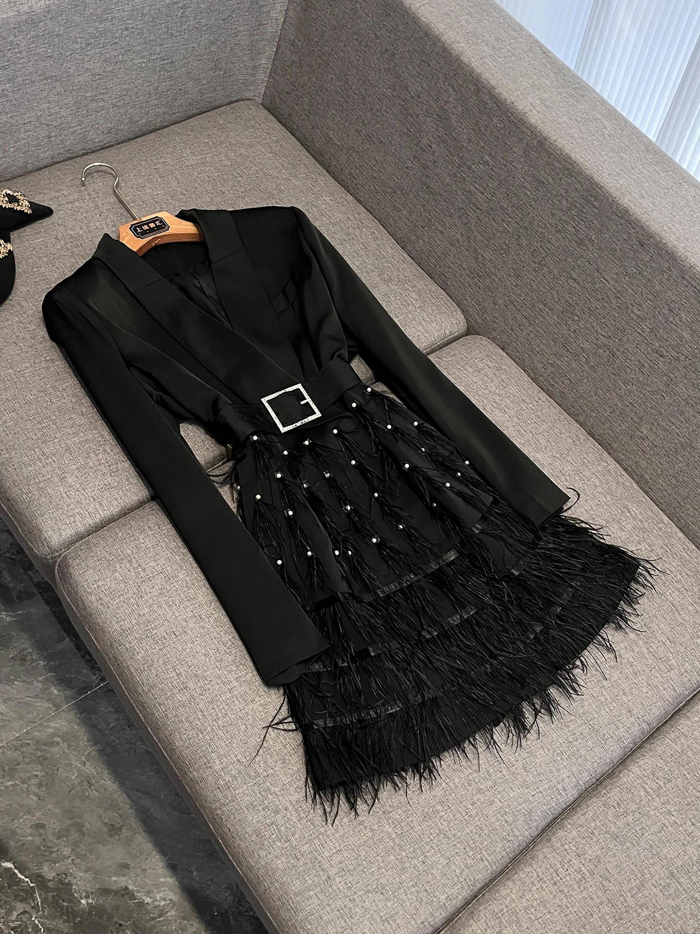 

2026 New Black Suit Collar Jacket Women Double Button Embellished Feathers Waist Cinched Commute Outerwear Long Sleeve