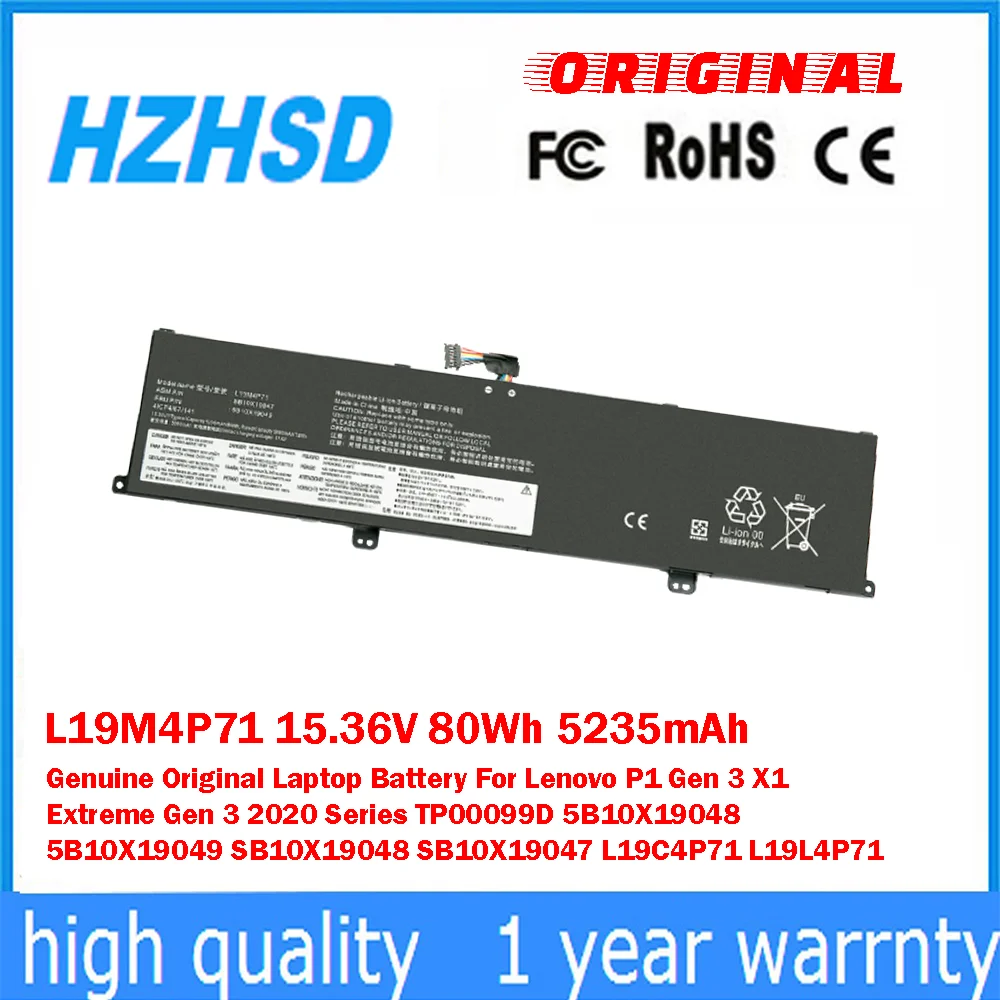 

L19M4P71 15,36 В 80 Втч 5235 мАч Оригинальный аккумулятор для ноутбука Lenovo P1 Gen 3 X1 Extreme Gen3 2020 Series TP00099D 5B10X19048