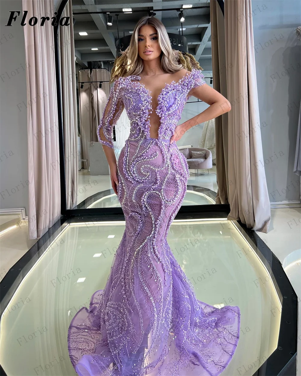 Purple Gown Buy Engagement Dress Online Casual Purple Flowers Long Sleeve  A-Line Engagement Dress