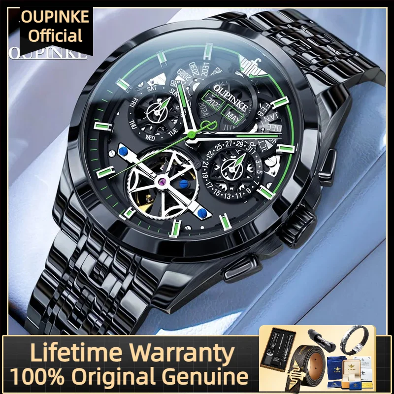 OUPINKE 3235 ساعة ميكانيكية أوتوماتيكية سوداء للرجال دولاب الموازنة المجوف تقويم سنة ساعات رجالية فاخرة