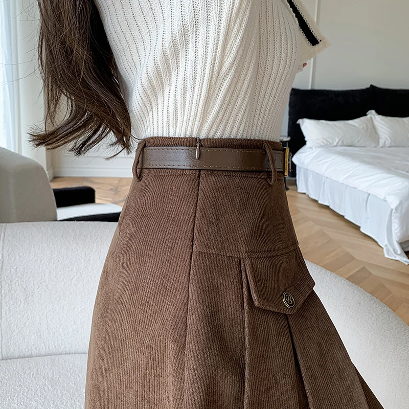 Herbst Winter Verdicken Cord Frauen Falten Rock Mit Gürtel 2024 Hohe Taille Casual Vintage Fracht Kurze Röcke Mädchen