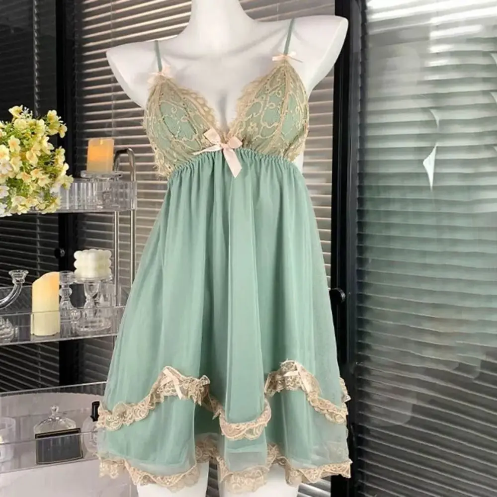 

Fashion Lace Bowknot Women's Pajama Dress Flower Sleeveless Suspender Nightdress Sleepwear Ruffle Sling Nightgown with Pads Club