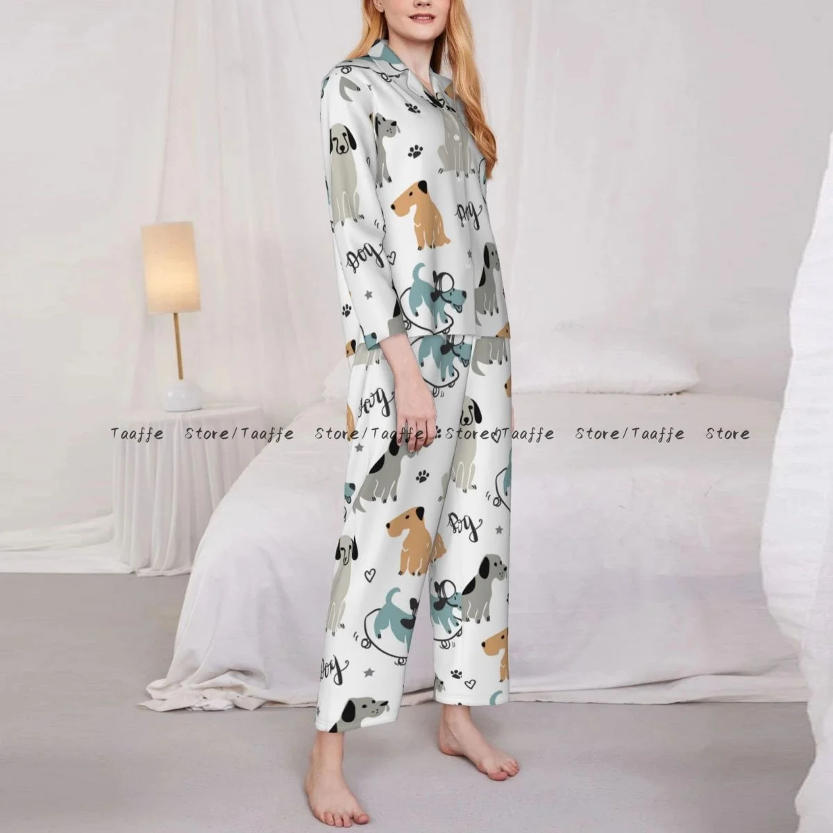 Spring and Autumn Pajama Set Women's Long Sleeve Pants Two Piece Hand Drawn Dogs Pattern Home Furnishing Set