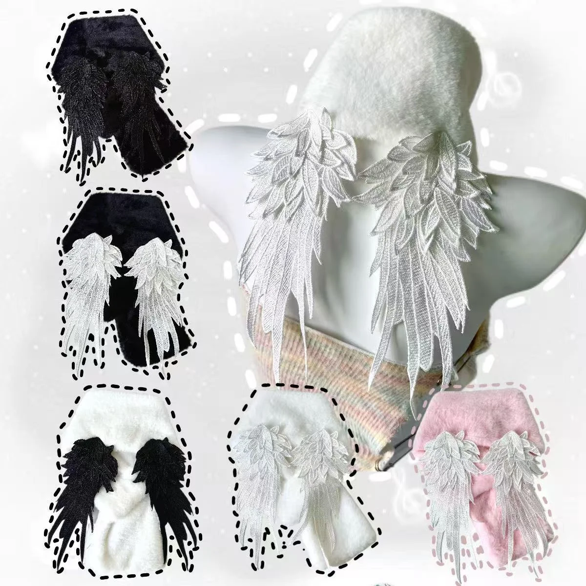 Y2K Angel Wing Embroidery Plush Cross Scarf Sweet Gothic Neck Warmer Faux Fur Lace Wing Neckerchief Party Cosplay Accessory