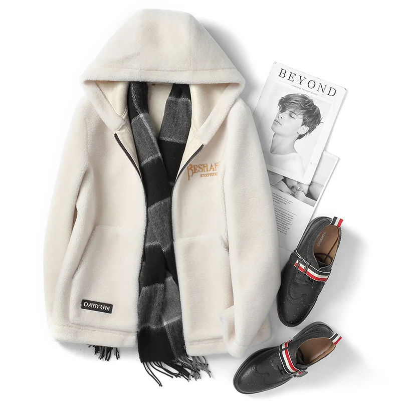 Winter Cashmere Coat Short Hooded Wool Particle Coat Men's Fur Integrated Lambswool Fur Tide