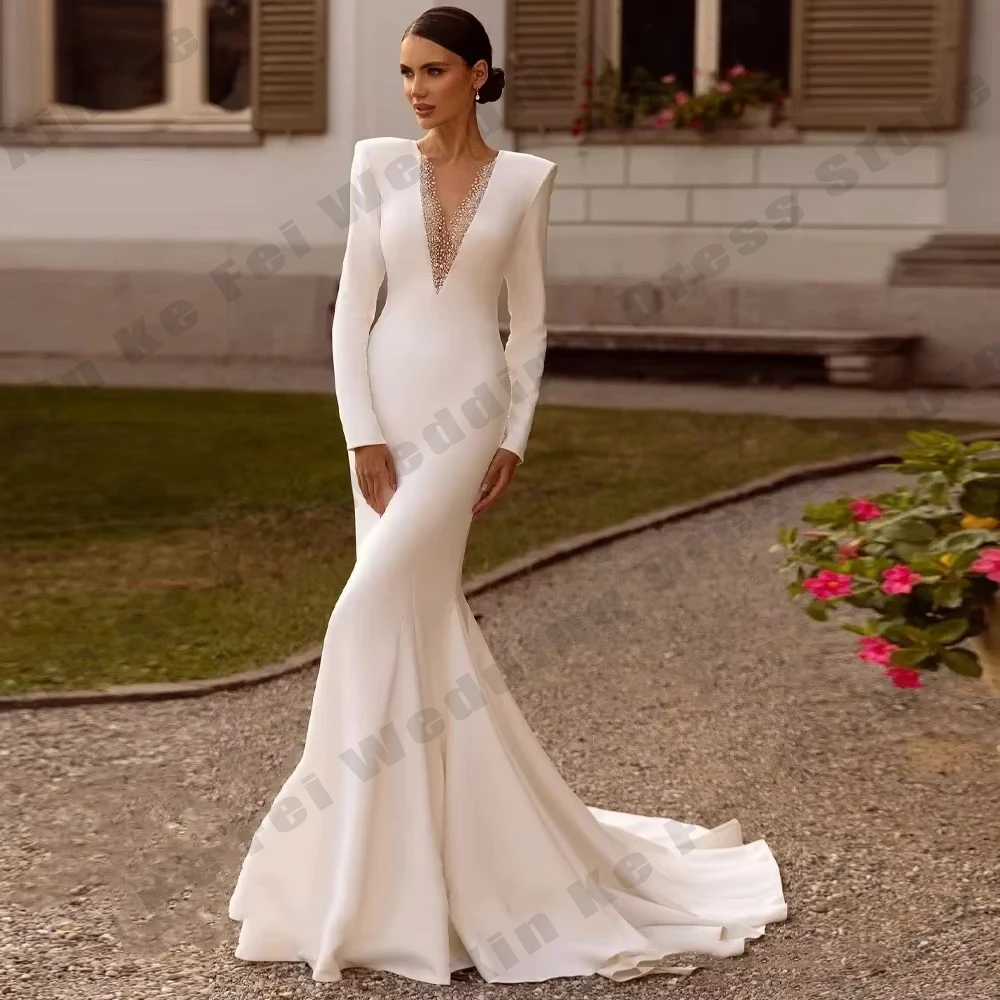 

Gorgeous Women's Bridal Gowns Sexy V-neck Elegant Long Sleeve Mermaid Princess Prom Wedding Dresses Customized vestido Robe 2026