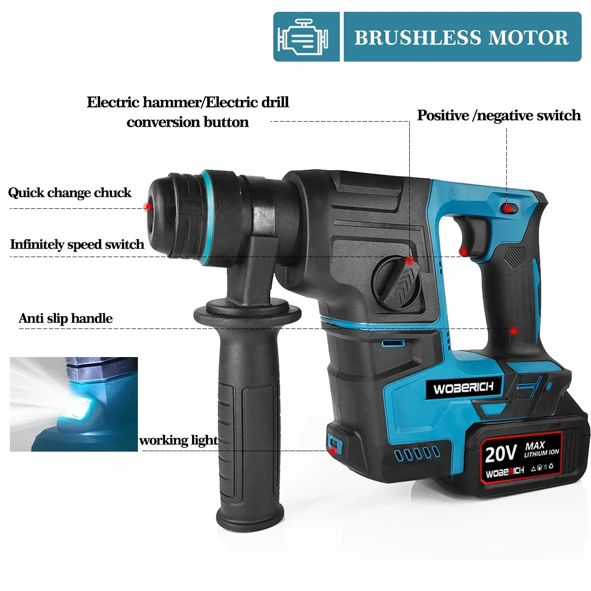 New Brushless Electric Hammer Cordless Multifunction Hammer Impact Drill Power Tool for Makita/WOBERICH  18V Battery