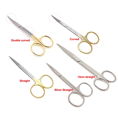 Tijeras quirúrgicas dentales, mango curvo chapado en oro, tijeras oftálmicas, herramientas de disección médica para dentista