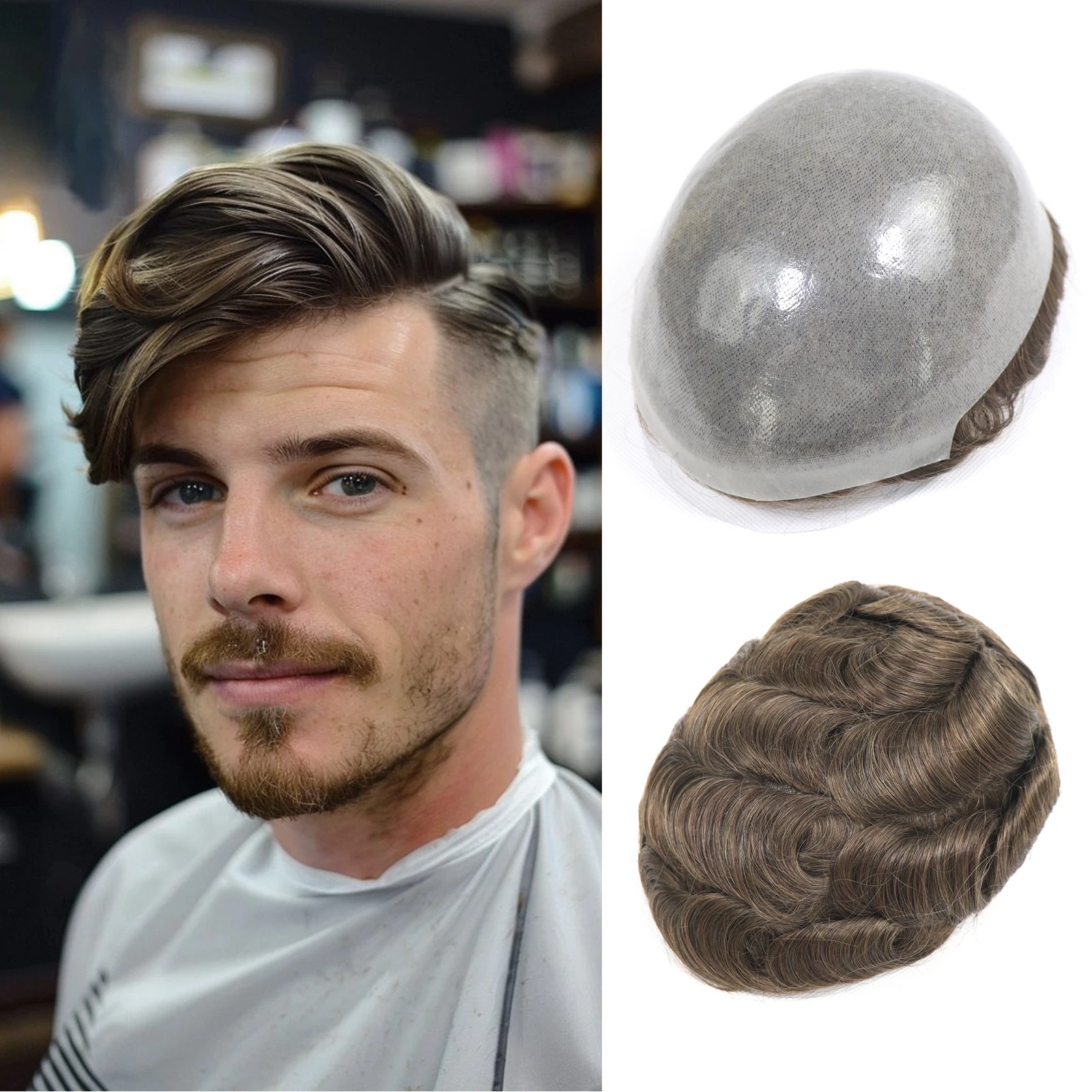 

Man Brown Toupee For Men's Wig 0.06-0.08mm Full PU Hairpiece 8x10Inch Durable Knot Human Hair Prosthesis System Natural Hairline