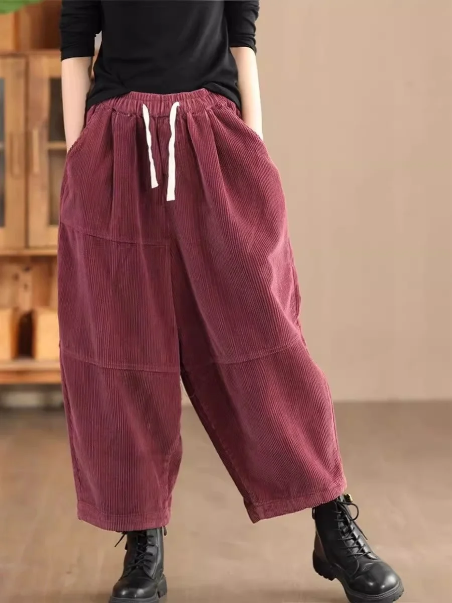 

Брюки-харлан из вельвета для женщин, осенне-зимние, теплые, повседневные, на подкладке, в ретро-японском стиле, с высокой талией, свободного кроя