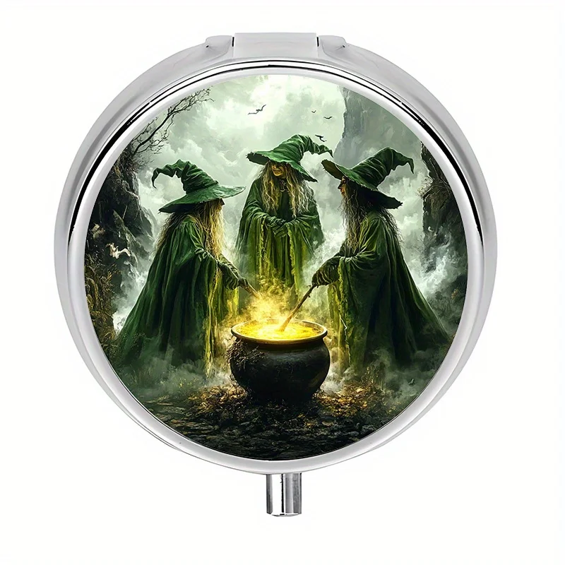 Single-piece, flat, round three-compartment box, designed with a circular pattern inspired by a Halloween witch's cauldron, suitable for storing medication. It features a nature-inspired design and is a decorative metal storage box for medication and vitamins