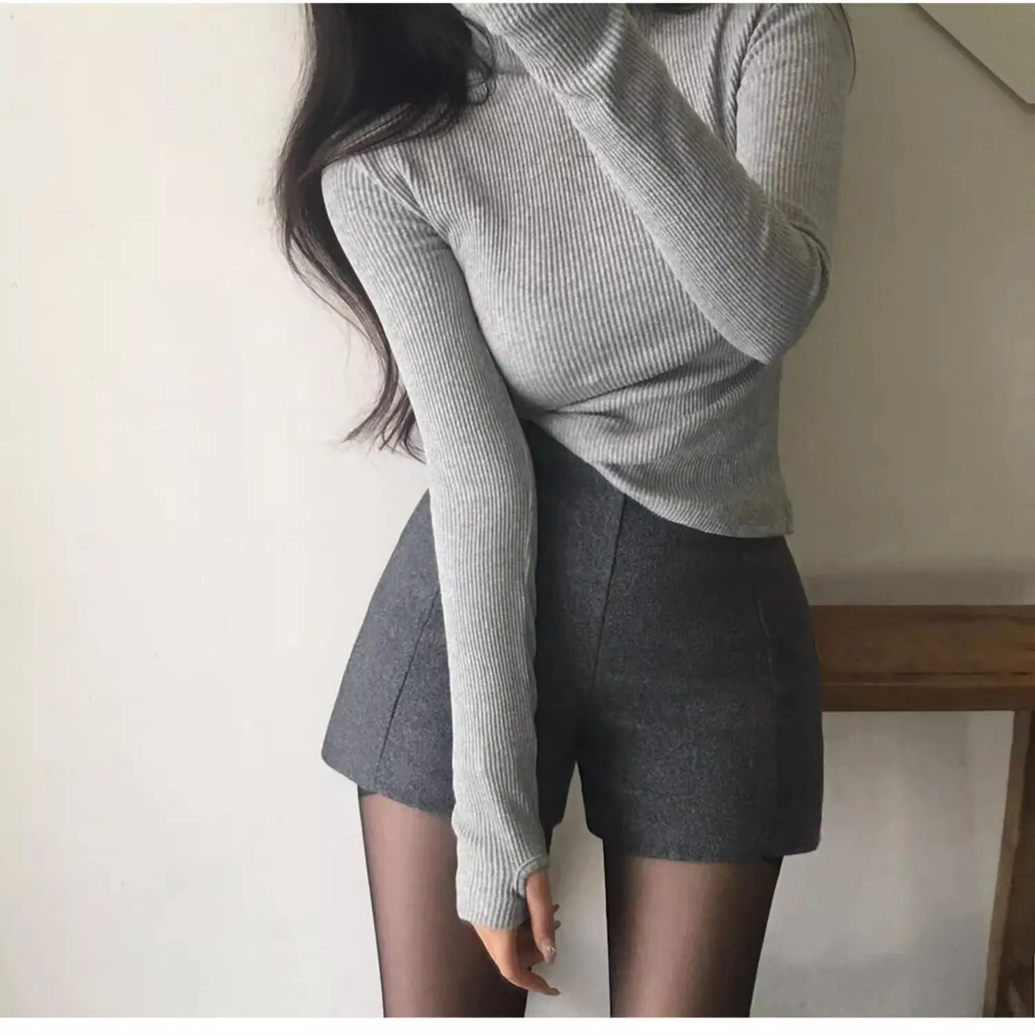 Gray Woolen Short Pants Women's Autumn Winter Slim Fit Korean Style High Waist Three-quarter Length Pants Straight Leg Casual...