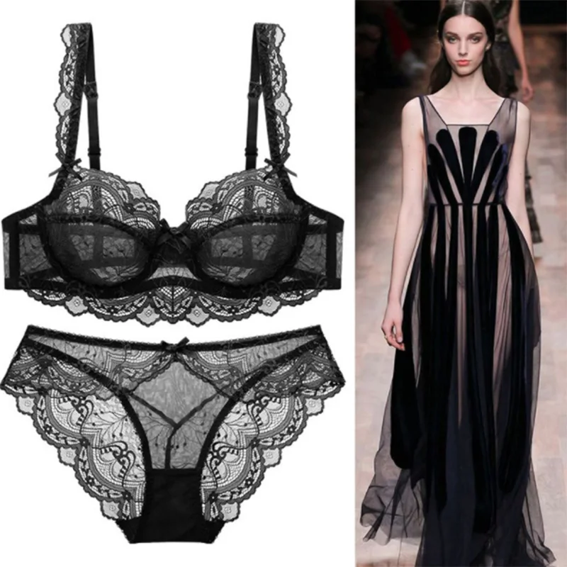 DaiNaFang-Conjunto de sujetadores sexys para mujer joven, ropa interior ultrafina con flores transparentes, Copa ABCDE de alta calidad, lencería