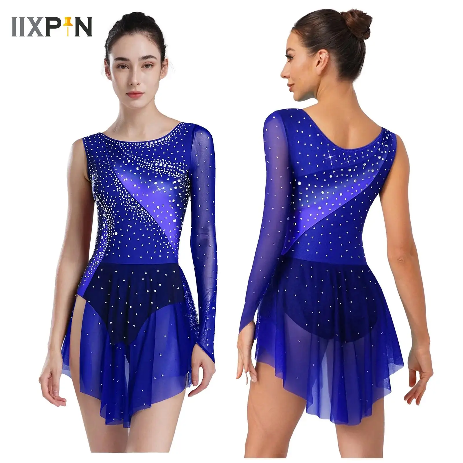 

Womens Gradient Rhythmic Gymnastics Skirted Leotards Dress Adults Rhinestone Sheer Figure Skating Competition Ballet Dance Dress