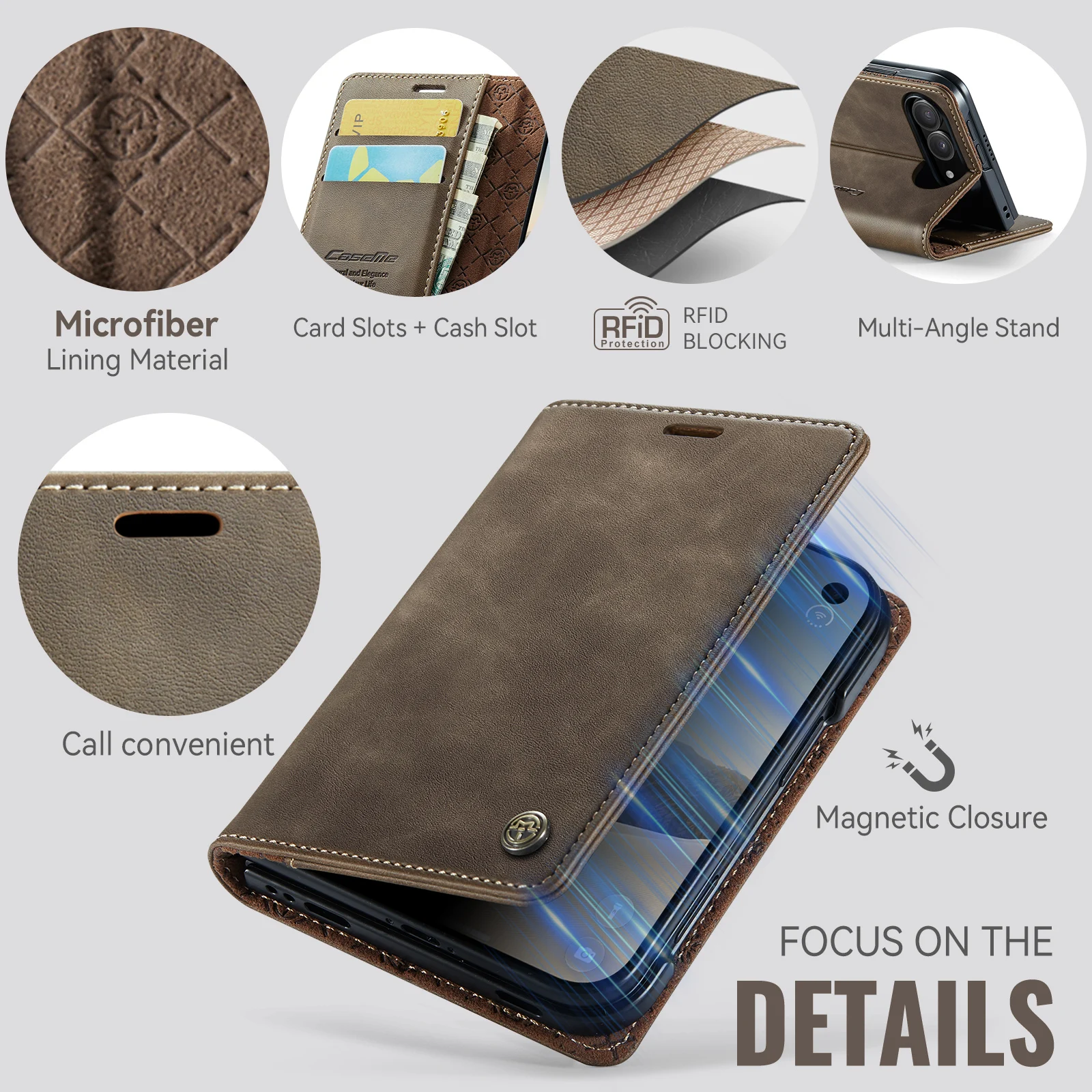 Caseme-033 For iPhone Duo, Retro PU Leather Wallet Phone Case RFID Blocking Magnetic Flip Cover Kickstand Card Slots Cash Pocket