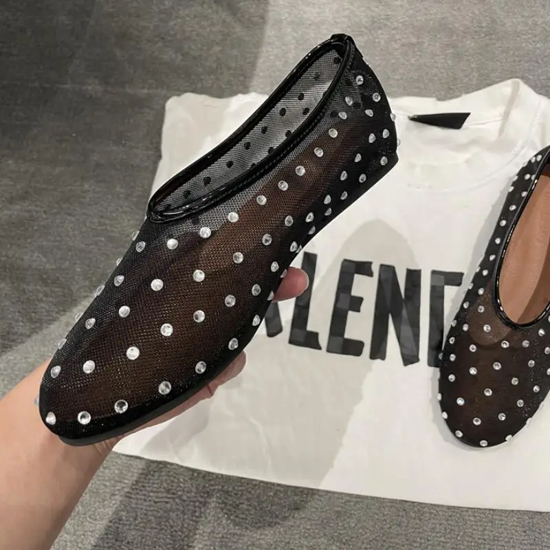 

Fashion NEW Women Ballet Flats Mesh Hollow Shoes Casual Loafers Crystal Mary Jane Ladies Slip-On Studded Summer Walk Shoes
