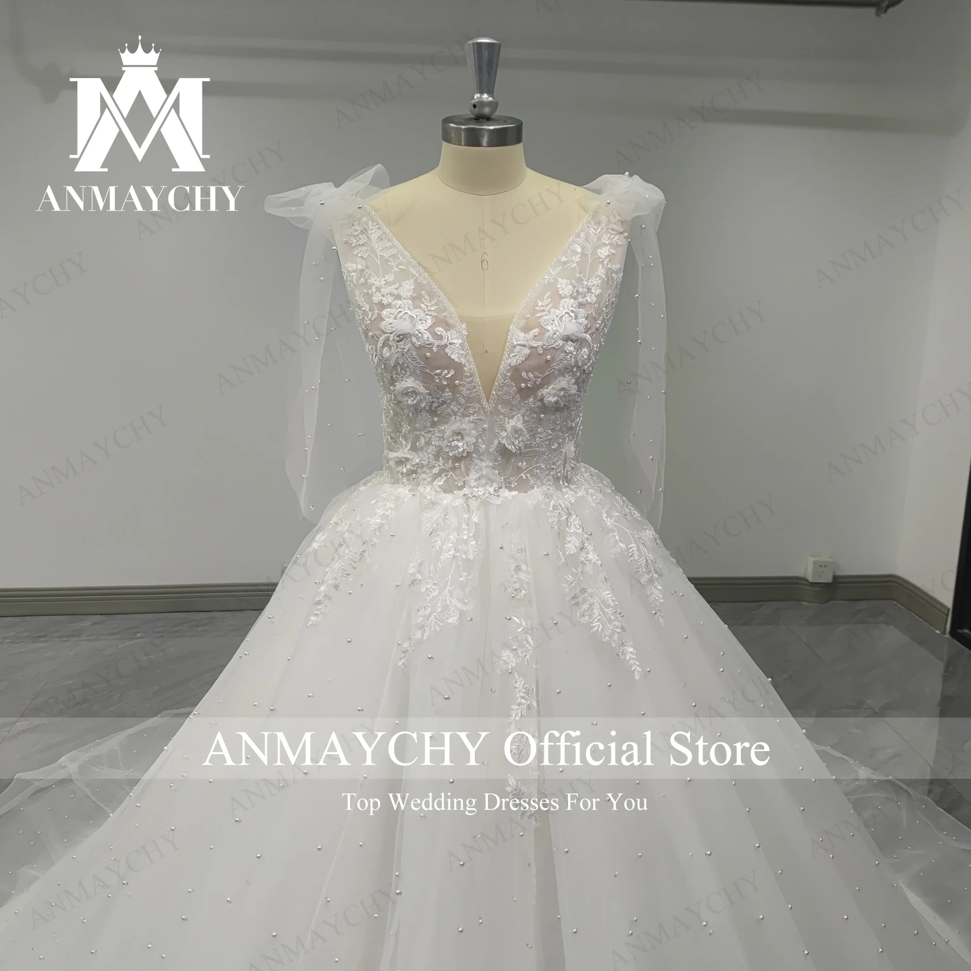 ANMAYCHY Ball Gown Wedding Dresses For Women 2023 V-neck Embroidery Beading 3D Flowers Real Show Wedding Gown Vestidos De Novia