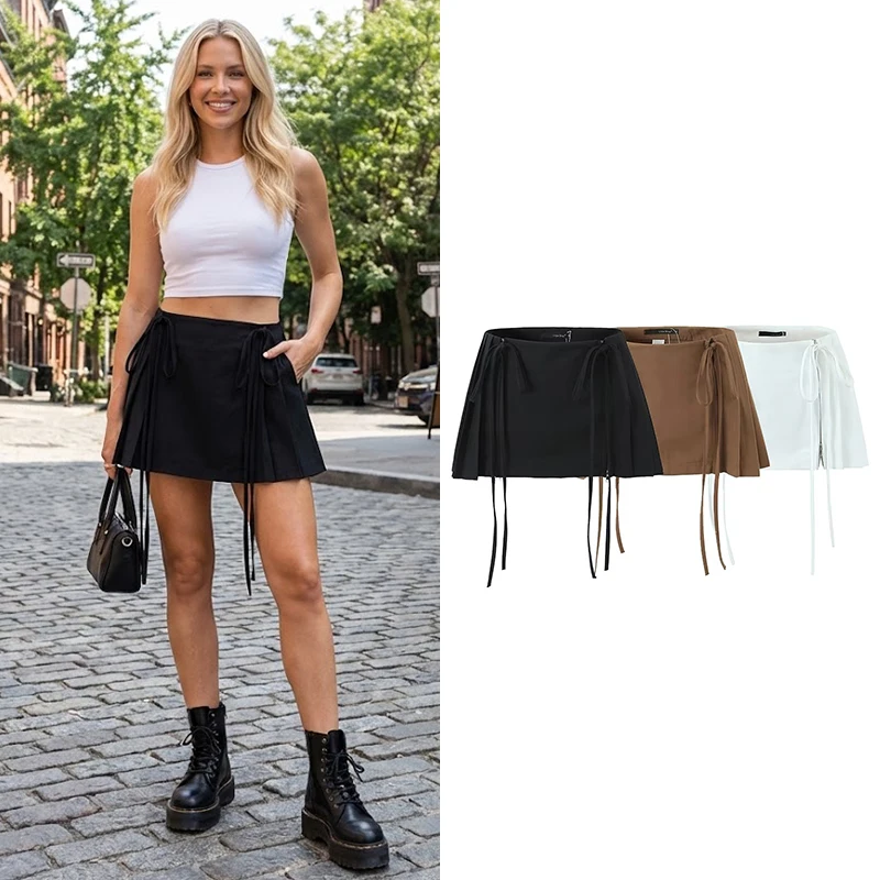 Willshela Women Fashion Solid Lace Up Pleated Front Zipper Mini Skirts Vintage High Waist Female Chic Lady Short Skirt