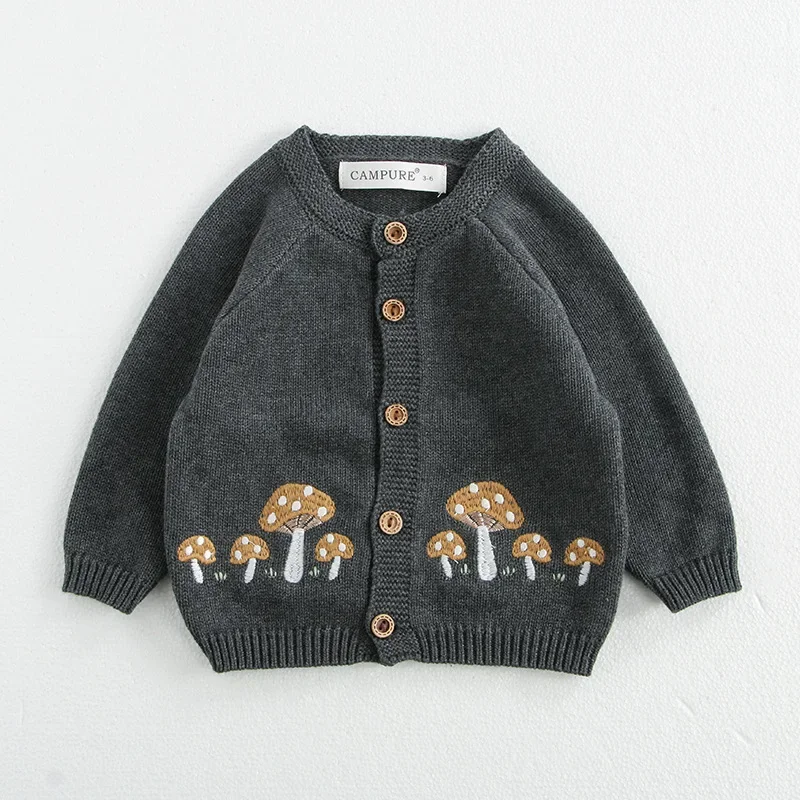 0-3 Y 2024 Autumn Baby Sweater Infant Girls Mushroom Embroidery Cardigan Toddler Boys Knitted Coat Optional Bodysuit