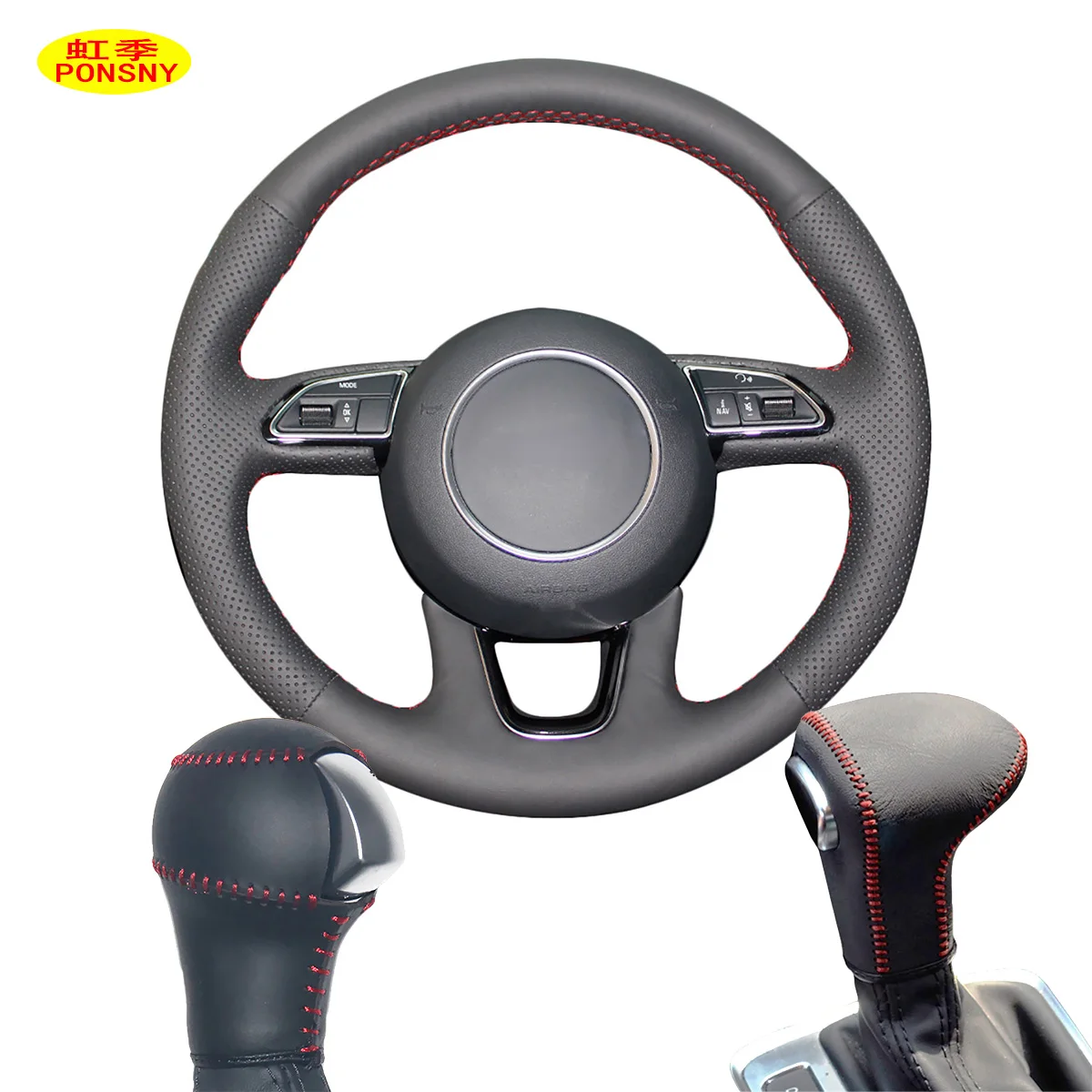 

PONSNY Car Steering/Gear Genuine Leather Covers Case for Audi Q3 Q5 2013-2017 Auto Hand-stitched Wheel Cover Black/Red lines